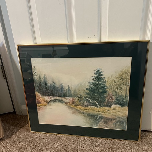 WOODED NATURE FOREST BRIDGE ART PAINTING PRINT GOLD FRAMED 24 x 20.5 - Picture 3 of 8